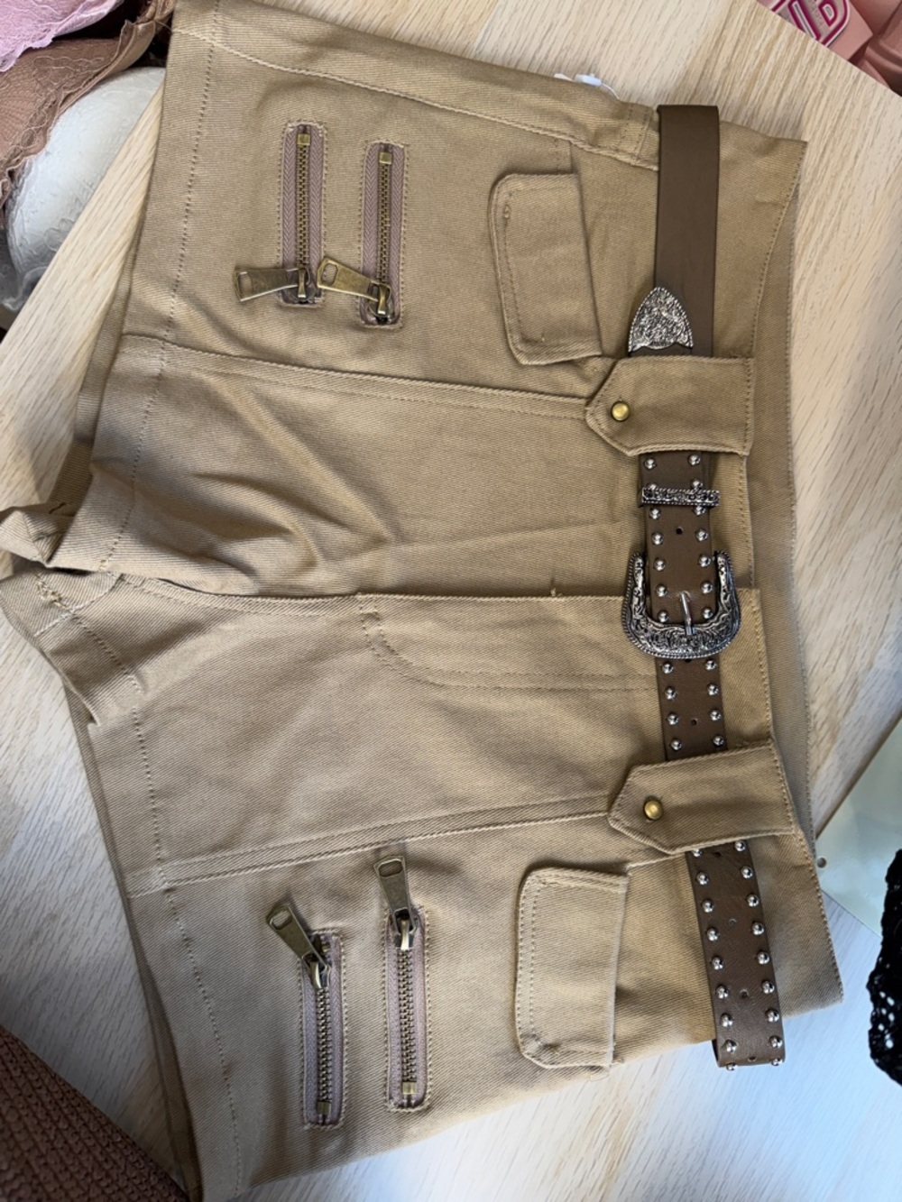 Cowgirl style Tan shorts with Studded Brown Belt size s,m,l